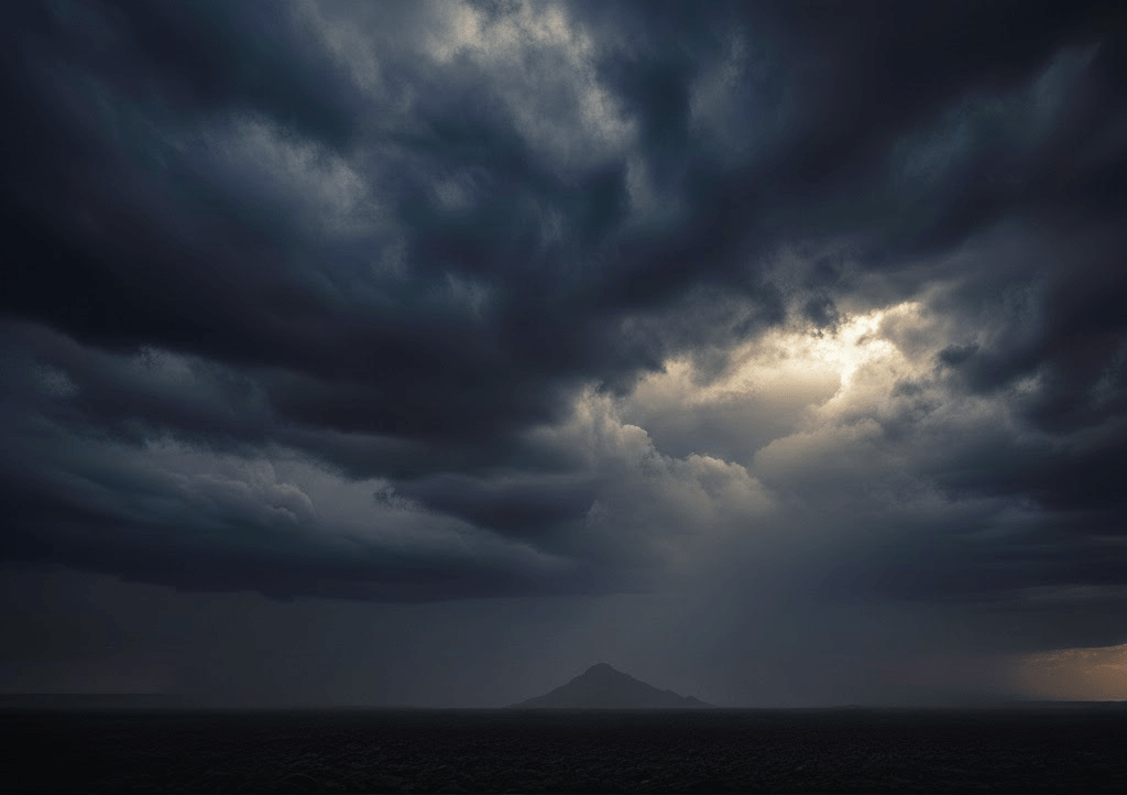 Dark and ominous clouds, in which there is a small gap through which the sunlight can be seen.
