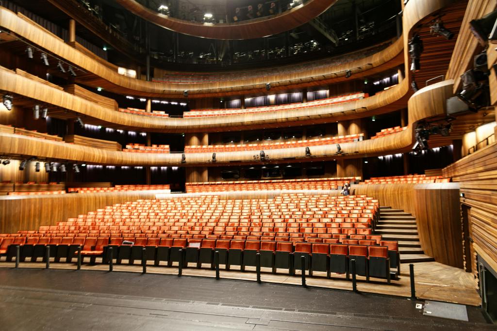 Picture of an empty theatre's stall and balconies.